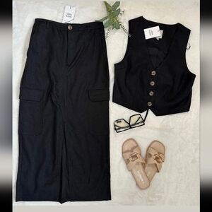 Charcoal Linen-Blend Skirt Pants